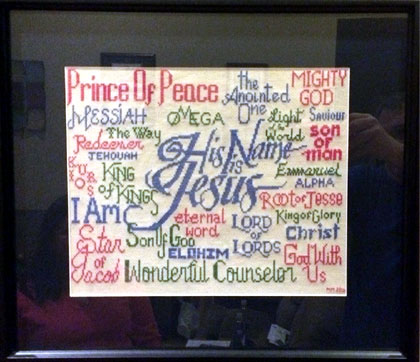 Free His Name is Jesus cross stitch stirched by Melissa Martin